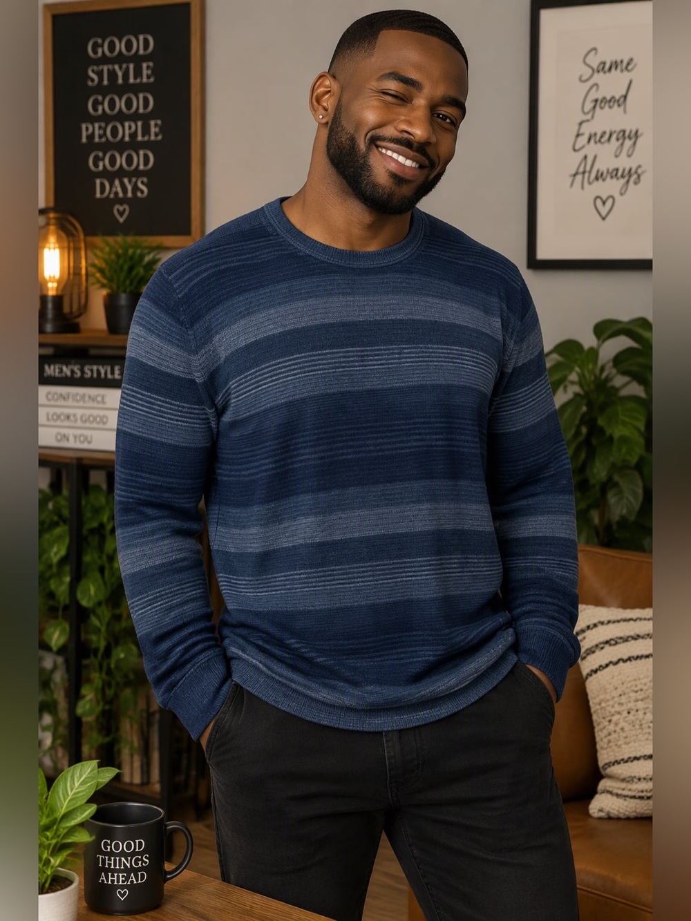 Marc Anthony Stripe Knit Sweater — Blue Heathered — Size L